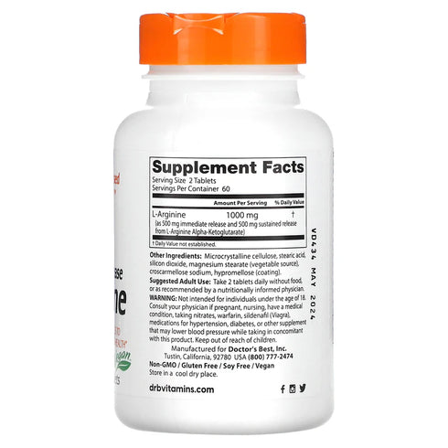 Image of Sustained + Immediate Release L-Arginine 120tabs supplement facts